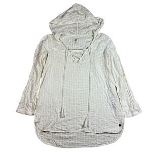 Billabong Top Womens Large Ivory Swim Cover Up Hooded Lace Up Beachy Tunic Boho